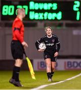 29 March 2023; Ciara Rossiter of Wexford Youths appeals to assistant referee Trevor Cotter during the SSE Airtricity Women's Premier Division match between Shamrock Rovers and Wexford Youths at Tallaght Stadium in Dublin. Photo by Stephen McCarthy/Sportsfile