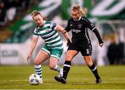 29 March 2023; Nicola Sinnott of Wexford Youths in action against Lauren Kelly of Shamrock Rovers during the SSE Airtricity Women's Premier Division match between Shamrock Rovers and Wexford Youths at Tallaght Stadium in Dublin. Photo by Stephen McCarthy/Sportsfile
