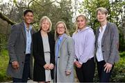 30 March 2023; In attendance are, from left, Jackie McCarthy-O'Brien, Linda Gorman, Olivia O'Toole, Ellen Molloy and Sue Hayden during the Ireland Women's National Team 50-Year Celebrations Announcement at Merrion Square in Dublin. Photo by Seb Daly/Sportsfile