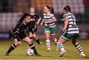 29 March 2023; Abbie Brophy of Wexford Youths in action against Lia O'Leary of Shamrock Rovers during the SSE Airtricity Women's Premier Division match between Shamrock Rovers and Wexford Youths at Tallaght Stadium in Dublin. Photo by Stephen McCarthy/Sportsfile