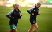 29 March 2023; Savannah McCarthy, left, and Stephanie Zambra of Shamrock Rovers before the SSE Airtricity Women's Premier Division match between Shamrock Rovers and Wexford Youths at Tallaght Stadium in Dublin. Photo by Stephen McCarthy/Sportsfile