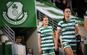 29 March 2023; Alannah Prizeman and Abby Tuthill, right, of Shamrock Rovers walk out ahead of the SSE Airtricity Women's Premier Division match between Shamrock Rovers and Wexford Youths at Tallaght Stadium in Dublin. Photo by Stephen McCarthy/Sportsfile