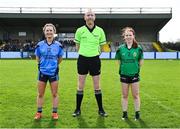 30 March 2023; Referee Ger Canny with captains Aisling Hanly of Convent of Mercy Roscommon and Róise O'Donnell of Mercy Mounthawk Kerry before the Lidl All Ireland Post Primary School Senior ‘B’ Championship Final match between Convent of Mercy, Roscommon and Mercy Mounthawk, Kerry, at MacDonagh Park in Nenagh, Tipperary. Photo by David Fitzgerald/Sportsfile