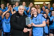 30 March 2023; Siofra Hession of Convent of Mercy Roscommon receives the player of the match award from Liam Shinnick after the Lidl All Ireland Post Primary School Senior ‘B’ Championship Final match between Convent of Mercy, Roscommon and Mercy Mounthawk, Kerry, at MacDonagh Park in Nenagh, Tipperary. Photo by David Fitzgerald/Sportsfile