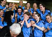 30 March 2023; Siofra Hession of Convent of Mercy Roscommon reacts after being announced as the player of the match from Liam Shinnick after the Lidl All Ireland Post Primary School Senior ‘B’ Championship Final match between Convent of Mercy, Roscommon and Mercy Mounthawk, Kerry, at MacDonagh Park in Nenagh, Tipperary. Photo by David Fitzgerald/Sportsfile