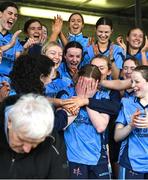 30 March 2023; Siofra Hession of Convent of Mercy Roscommon reacts after being announced as the player of the match from Liam Shinnick after the Lidl All Ireland Post Primary School Senior ‘B’ Championship Final match between Convent of Mercy, Roscommon and Mercy Mounthawk, Kerry, at MacDonagh Park in Nenagh, Tipperary. Photo by David Fitzgerald/Sportsfile