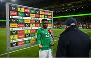 27 March 2023; Man of the match Chiedozie Ogbene of Republic of Ireland is interviewed by RTÉ's Tony O'Donoghue after the UEFA EURO 2024 Championship Qualifier match between Republic of Ireland and France at Aviva Stadium in Dublin. Photo by Stephen McCarthy/Sportsfile