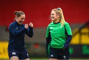 31 March 2023; Nicole Cronin, left, and Neve Jones during the Ireland Women's Rugby captain's run at Musgrave Park in Cork. Photo by Eóin Noonan/Sportsfile