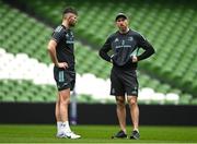 31 March 2023; Ross Byrne, left, and backs coach Andrew Goodman during a Leinster Rugby captain's run at the Aviva Stadium in Dublin. Photo by Harry Murphy/Sportsfile