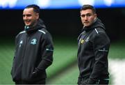 31 March 2023; Jordan Larmour, right, and James Lowe during a Leinster Rugby captain's run at the Aviva Stadium in Dublin. Photo by Harry Murphy/Sportsfile