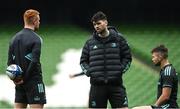 31 March 2023; Leinster players, from left, Ciarán Frawley, Harry Byrne and Ross Byrne during a Leinster Rugby captain's run at the Aviva Stadium in Dublin. Photo by Harry Murphy/Sportsfile