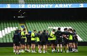 31 March 2023; Leinster players huddle during a Leinster Rugby captain's run at the Aviva Stadium in Dublin. Photo by Harry Murphy/Sportsfile
