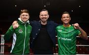 31 March 2023; Boxing trainer Andy Lee, centre, with Jason Quigley, left, and Paddy Donovan ahead of their boxing bouts on Saturday night, April 1st, at National Stadium in Dublin. Photo by David Fitzgerald/Sportsfile