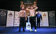 31 March 2023; Jason Quigley, right, and opponent Gabor Gorbics after weigh-ins at the National Stadium in Dublin, ahead of his their bout on Saturday night, April 1st, at National Stadium in Dublin. Photo by David Fitzgerald/Sportsfile