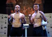 31 March 2023; Brett McGinty, right, and Patrik Fiala after weighing in at the National Stadium in Dublin, ahead of their bout on Saturday night, April 1st, at National Stadium in Dublin. Photo by David Fitzgerald/Sportsfile