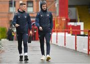 31 March 2023; Luke Byrne, left, and Andrew Quinn of Shelbourne arrive before the SSE Airtricity Men's Premier Division match between Shelbourne and Derry City at Tolka Park in Dublin. Photo by Seb Daly/Sportsfile