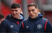 31 March 2023; Anto Breslin, right, and Joe Redmond of St Patrick's Athletic await the pitch inspection before the SSE Airtricity Men's Premier Division match between St Patrick's Athletic and UCD at Richmond Park in Dublin. Photo by Ben McShane/Sportsfile