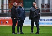 31 March 2023; Referee Sean Grant in conversation with UCD manager Andy Myler, left, and St Patrick's Athletic manager Tim Clancy during the pitch inspection before the SSE Airtricity Men's Premier Division match between St Patrick's Athletic and UCD at Richmond Park in Dublin. Photo by Ben McShane/Sportsfile