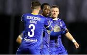 31 March 2023; Roland Idowu of Waterford, centre, celebrates with teammate after scoring his side's first goal during the SSE Airtricity Men's First Division match between Waterford and Finn Harps at RSC in Waterford. Photo by Michael P Ryan/Sportsfile