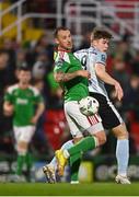 31 March 2023; Freddie Draper of Drogheda United in action against Ally Gilchrist of Cork City during the SSE Airtricity Men's Premier Division match between Cork City and Drogheda United at Turner's Cross in Cork. Photo by Eóin Noonan/Sportsfile