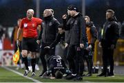 31 March 2023; Lee Grace of Shamrock Rovers after a tackle by Robbie Benson of Dundalk, for which Robbie Benson of Dundalk was shown a red card, during the SSE Airtricity Men's Premier Division match between Dundalk and Shamrock Rovers at Oriel Park in Dundalk, Louth. Photo by Ramsey Cardy/Sportsfile