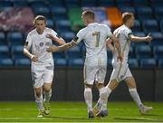 31 March 2023; David Hurley of Galway United, left, celebrates after scoring his side's first goal with teammate Adam Lennon during the SSE Airtricity Men's First Division match between Athlone Town and Galway United at Athlone Town Stadium in Westmeath. Photo by Stephen Marken/Sportsfile