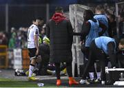 31 March 2023; Robbie Benson of Dundalk leaves the pitch after being shown a red card during the SSE Airtricity Men's Premier Division match between Dundalk and Shamrock Rovers at Oriel Park in Dundalk, Louth. Photo by Ramsey Cardy/Sportsfile