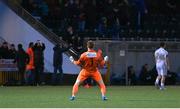 31 March 2023; Athlone Town goalkeeper Enda Minogue celebrates his side's first goal, scored by Frantz Pierrot, during the SSE Airtricity Men's First Division match between Athlone Town and Galway United at Athlone Town Stadium in Westmeath. Photo by Stephen Marken/Sportsfile