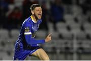 31 March 2023; Kilian Cantwell of Waterford celebrates after scoring his side's third goal during the SSE Airtricity Men's First Division match between Waterford and Finn Harps at RSC in Waterford. Photo by Michael P Ryan/Sportsfile