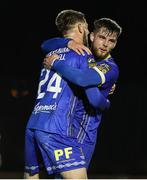 31 March 2023; Waterford players, Kilian Cantwell, left, and Ryan Burke celebrate their sides second goal an own goal scored by Ellis Farrar of Finn Harps during the SSE Airtricity Men's First Division match between Waterford and Finn Harps at RSC in Waterford. Photo by Michael P Ryan/Sportsfile
