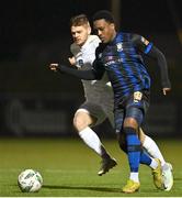 31 March 2023; German Fuentes Rodriguez of Athlone Town in action against Conor O'Keefe of Galway United during the SSE Airtricity Men's First Division match between Athlone Town and Galway United at Athlone Town Stadium in Westmeath. Photo by Stephen Marken/Sportsfile