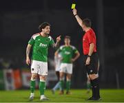 31 March 2023; Ruairi Keating of Cork City protests to Referee Rob Harvey during the SSE Airtricity Men's Premier Division match between Cork City and Drogheda United at Turner's Cross in Cork. Photo by Eóin Noonan/Sportsfile