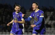 31 March 2023; Ronan Coughlan of Waterford, right, celebrates after scoring his side's fourth goal during the SSE Airtricity Men's First Division match between Waterford and Finn Harps at RSC in Waterford. Photo by Michael P Ryan/Sportsfile