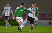 31 March 2023; Aaron Bolger of Cork City is tackled by Ryan Brennan of Drogheda United during the SSE Airtricity Men's Premier Division match between Cork City and Drogheda United at Turner's Cross in Cork. Photo by Eóin Noonan/Sportsfile