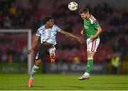 31 March 2023; Albin Winbo of Cork City in action against Elicha Ahui of Drogheda United during the SSE Airtricity Men's Premier Division match between Cork City and Drogheda United at Turner's Cross in Cork. Photo by Eóin Noonan/Sportsfile