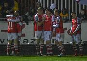 31 March 2023; Chris Forrester of St Patrick's Athletic, centre, celebrates with team mates after he scored their side's third goal during the SSE Airtricity Men's Premier Division match between St Patrick's Athletic and UCD at Richmond Park in Dublin. Photo by Ben McShane/Sportsfile