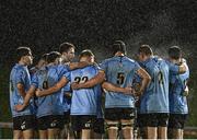 31 March 2023; The UCD team huddle after conceding a try during the annual rugby colours match between University College Dublin and Dublin University at the UCD Bowl in Belfield, Dublin. Photo by Sam Barnes/Sportsfile