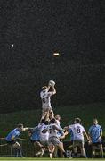 31 March 2023; Anthony Ryan of DUFC  wins possession at a line-out during the annual rugby colours match between University College Dublin and Dublin University at the UCD Bowl in Belfield, Dublin. Photo by Sam Barnes/Sportsfile