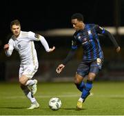31 March 2023; Jamar Campion Hinds of Athlone Town in action against Colm Horgan of Galway United during the SSE Airtricity Men's First Division match between Athlone Town and Galway United at Athlone Town Stadium in Westmeath. Photo by Stephen Marken/Sportsfile