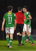 31 March 2023; Cian Coleman of Cork City protests to Referee Rob Harvey after the SSE Airtricity Men's Premier Division match between Cork City and Drogheda United at Turner's Cross in Cork. Photo by Eóin Noonan/Sportsfile