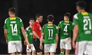 31 March 2023; Cian Coleman of Cork City protests to Referee Rob Harvey after the SSE Airtricity Men's Premier Division match between Cork City and Drogheda United at Turner's Cross in Cork. Photo by Eóin Noonan/Sportsfile