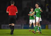 31 March 2023; Cian Coleman of Cork City protests to Referee Rob Harvey after the SSE Airtricity Men's Premier Division match between Cork City and Drogheda United at Turner's Cross in Cork. Photo by Eóin Noonan/Sportsfile