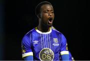 31 March 2023; Roland Idowu of Waterford celebrates after scoring his side's fifth goal during the SSE Airtricity Men's First Division match between Waterford and Finn Harps at RSC in Waterford. Photo by Michael P Ryan/Sportsfile