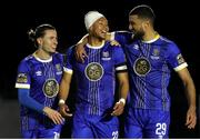 31 March 2023; Giles Phillips of Waterford, centre, celebrates with teammates after scoring his side's seventh goal during the SSE Airtricity Men's First Division match between Waterford and Finn Harps at RSC in Waterford. Photo by Michael P Ryan/Sportsfile