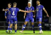 31 March 2023; Giles Phillips of Waterford, second from left, celebrates with teammates after scoring his side's seventh goal during the SSE Airtricity Men's First Division match between Waterford and Finn Harps at RSC in Waterford. Photo by Michael P Ryan/Sportsfile