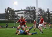31 March 2023; Eadaoin Murtagh of UCD dives over to score her side's third try during the Annual Women's Rugby Colours match between University College Dublin and Dublin University at UCD Bowl in Belfield, Dublin. Photo by Harry Murphy/Sportsfile