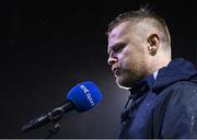 31 March 2023; Shelbourne manager Damien Duff speaking after the SSE Airtricity Men's Premier Division match between Shelbourne and Derry City at Tolka Park in Dublin. Photo by Seb Daly/Sportsfile