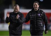 31 March 2023; Derry City assistant manager Alan Reynolds, left, and Ruaidhrí Higgins after the SSE Airtricity Men's Premier Division match between Shelbourne and Derry City at Tolka Park in Dublin. Photo by Seb Daly/Sportsfile