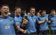 31 March 2023; UCD players, including UCD captain Bobby Sheehan, centre, celebrate with the cup after their side's victory in the annual rugby colours match between University College Dublin and Dublin University at the UCD Bowl in Belfield, Dublin. Photo by Sam Barnes/Sportsfile