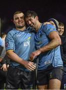 31 March 2023; Jack Boyle, left, and Ross Deegan of UCD celebrate after their side's victory in the annual rugby colours match between University College Dublin and Dublin University at the UCD Bowl in Belfield, Dublin. Photo by Sam Barnes/Sportsfile
